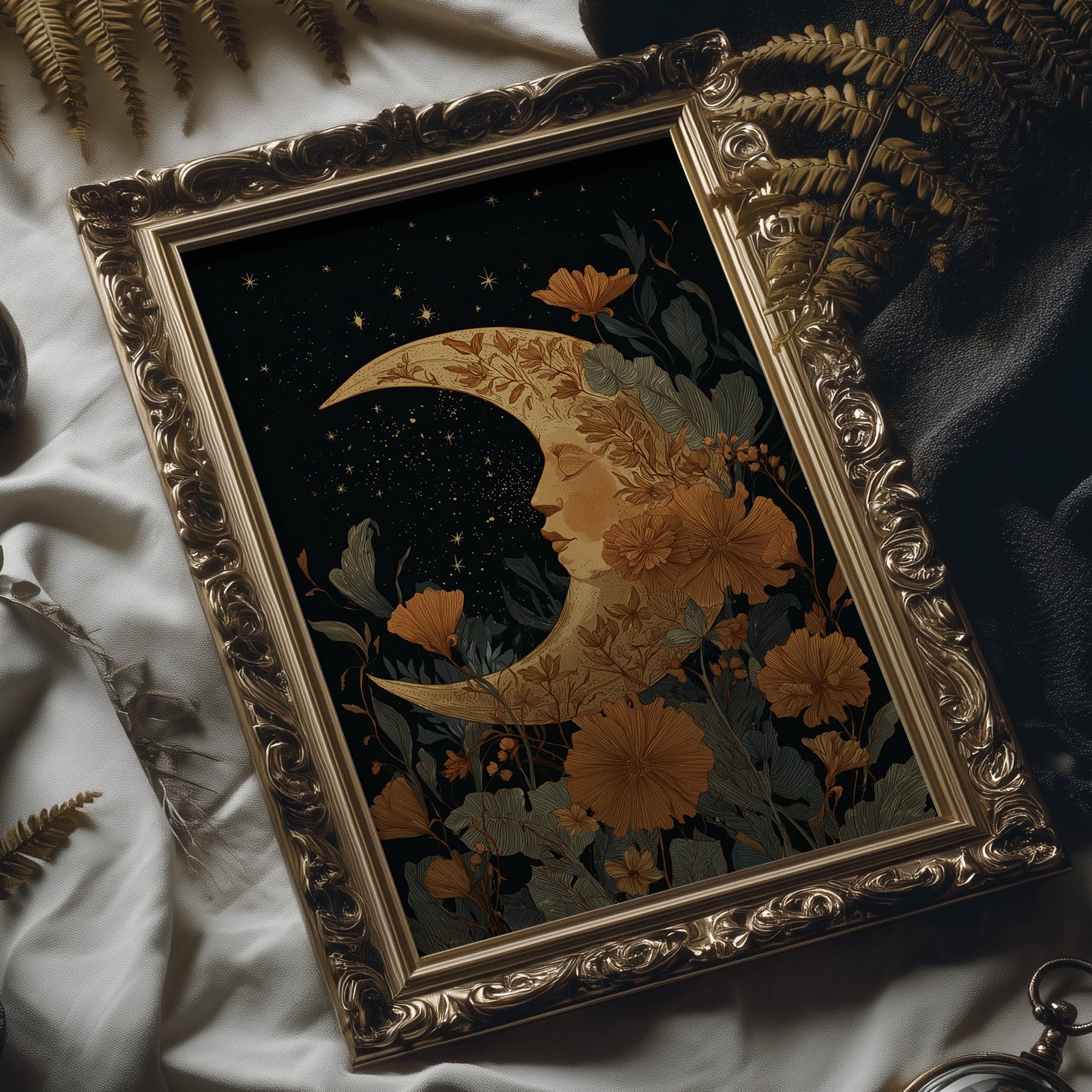 Copper Crescent Among Starlit Petals