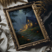 Autumn Cottage Under Midnight Fog