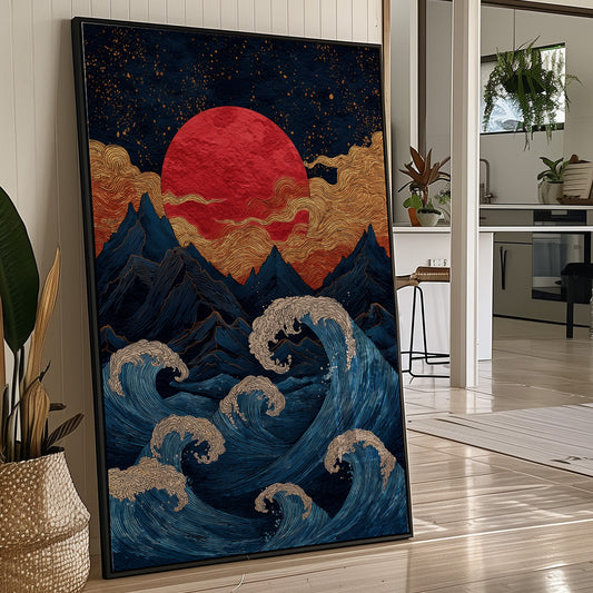 Red Moon Rises Over Stormy Peaks