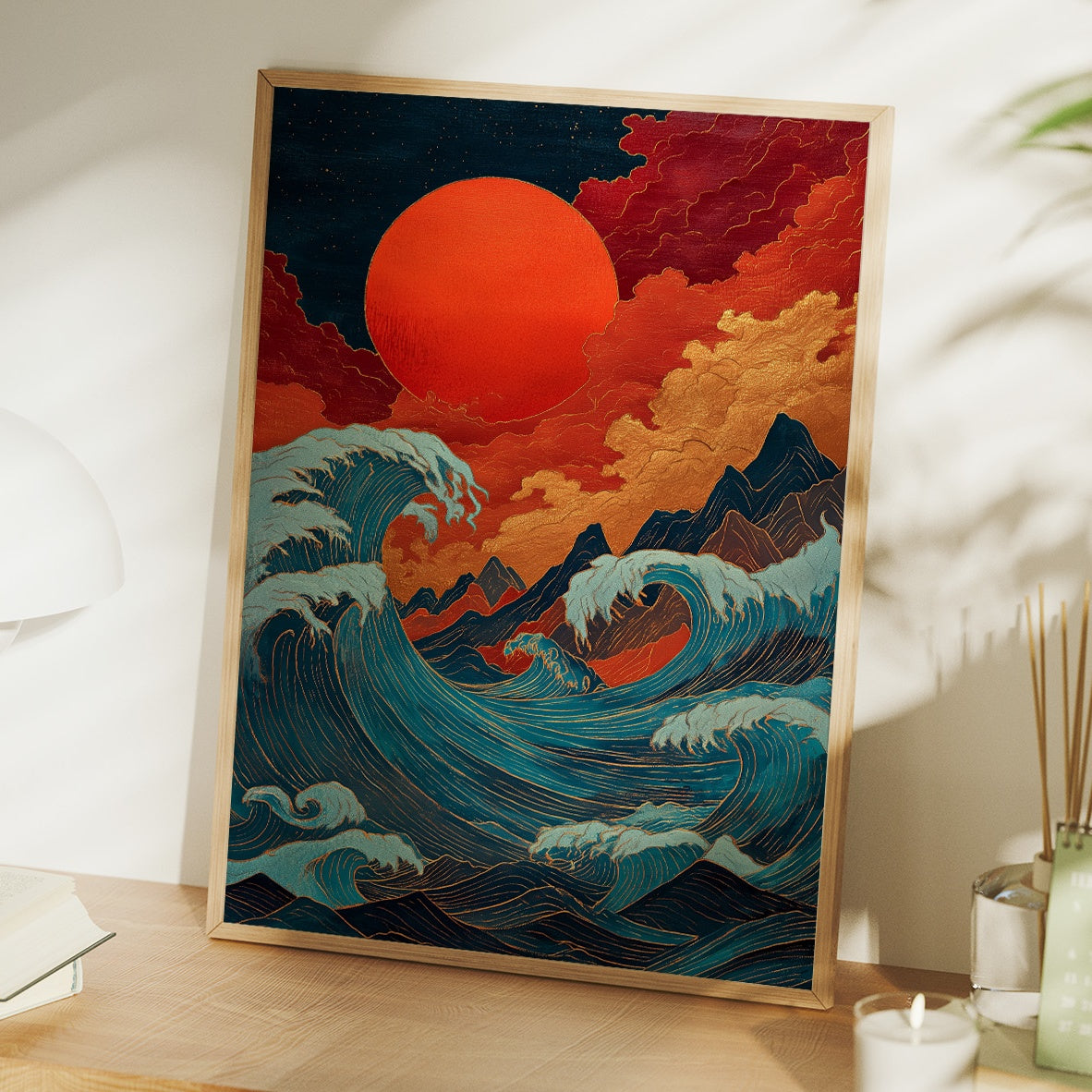 Ocean Flames Dance Under Crimson Moon