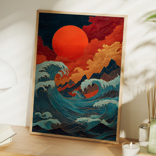 Ocean Flames Dance Under Crimson Moon