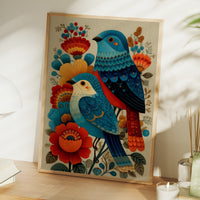 Blue Bird Sings Among Coral Blooms