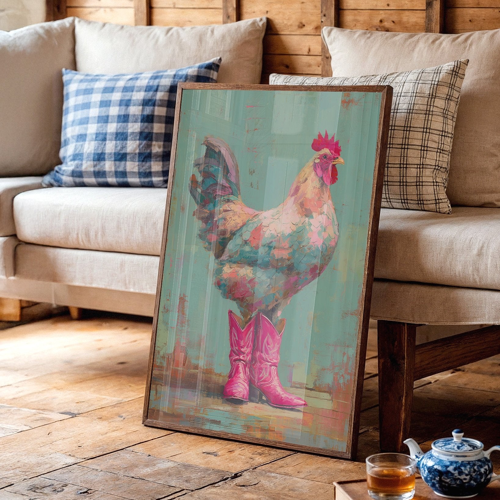 Rooster Struts In Pink Boots