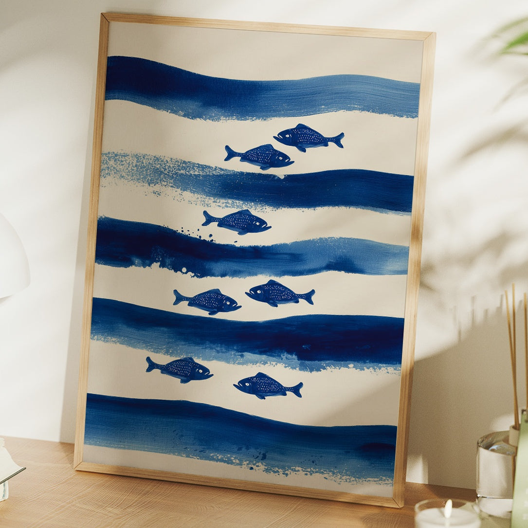 Blue Fish Swim Between Waves