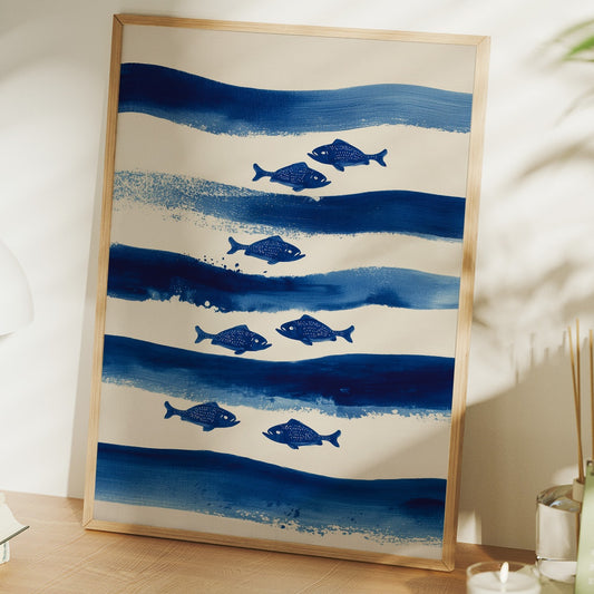 Blue Fish Swim Between Waves