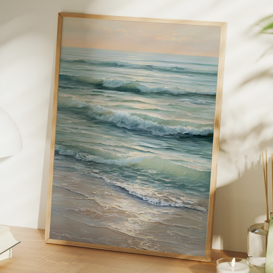 Seafoam Rhythms Against Wooden Frame