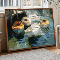 Boats Rest In Harbor Blue