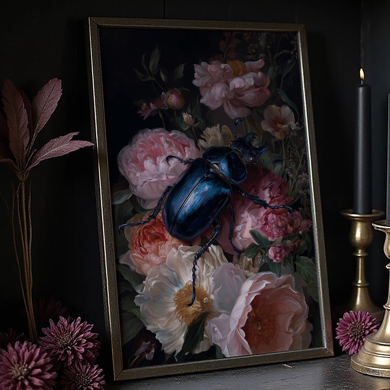 Sapphire Beetle Among Blushing Peonies