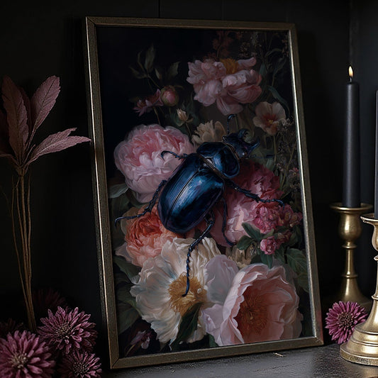 Sapphire Beetle Among Blushing Peonies