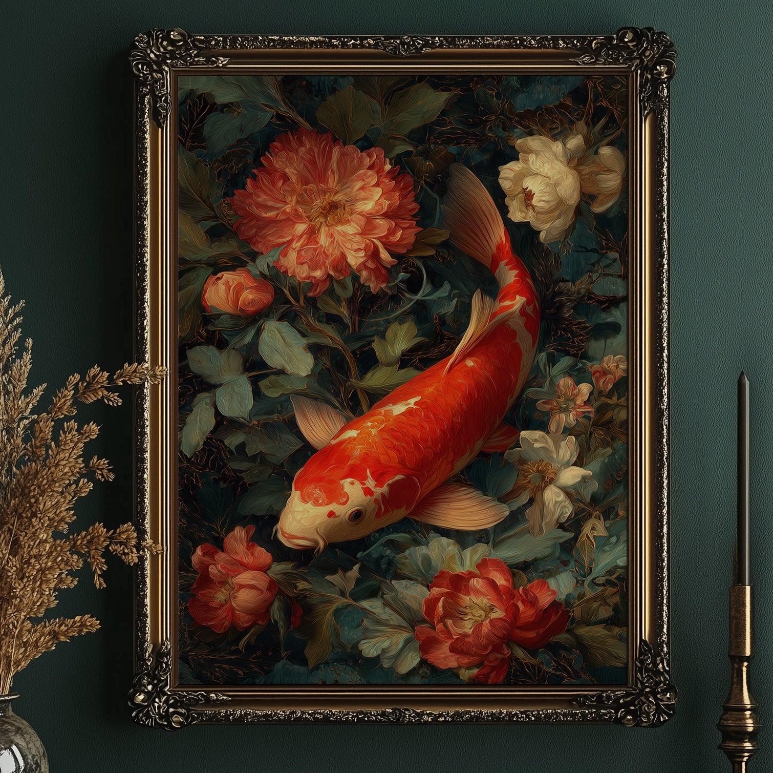 Scarlet Fins Among Coral Peonies
