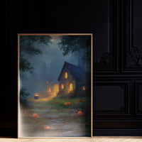 Autumn Cottage Under Midnight Fog