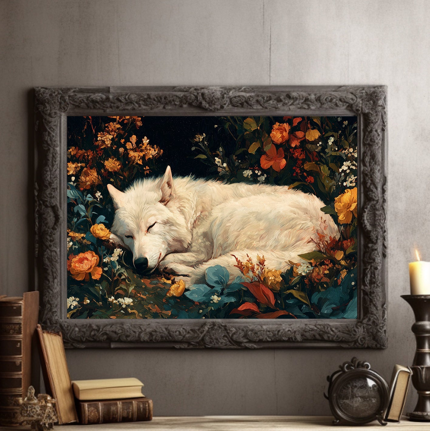 White Wolf Among Autumn Blooms
