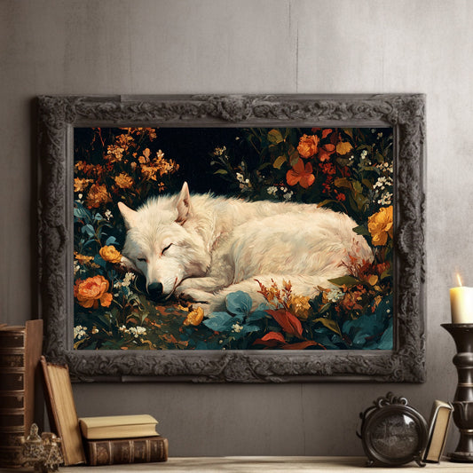 White Wolf Among Autumn Blooms