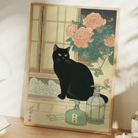 Black Cat Guards Peony Garden