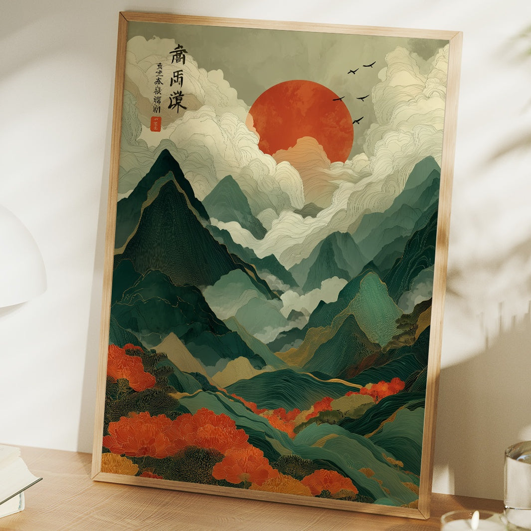 Red Sun Rises Over Misty Peaks