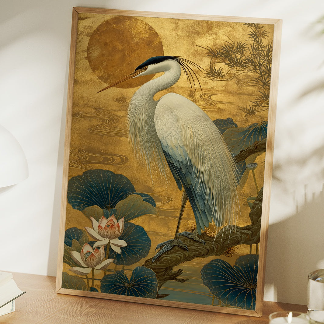 Lotus Moon Greets Noble Heron