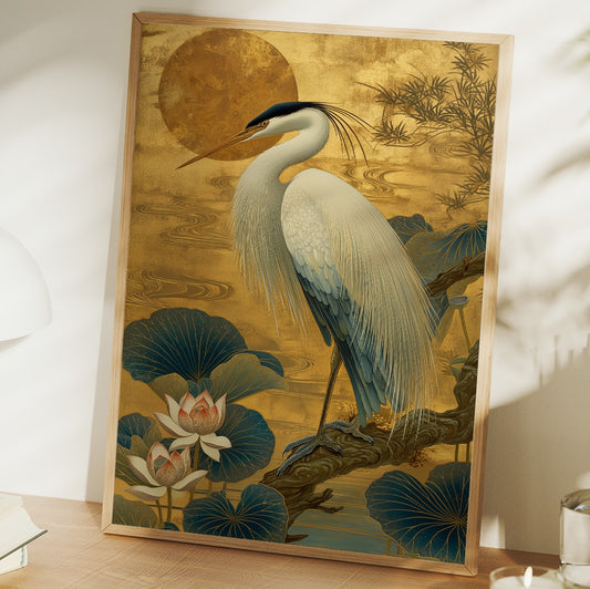 Lotus Moon Greets Noble Heron