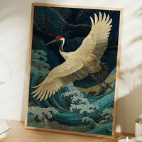 Crane Soars Through Starlit Waves
