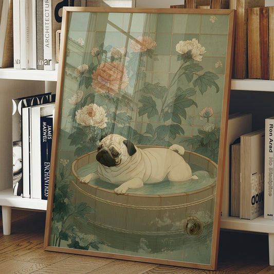 Pug's Peaceful Bath Among Peonies