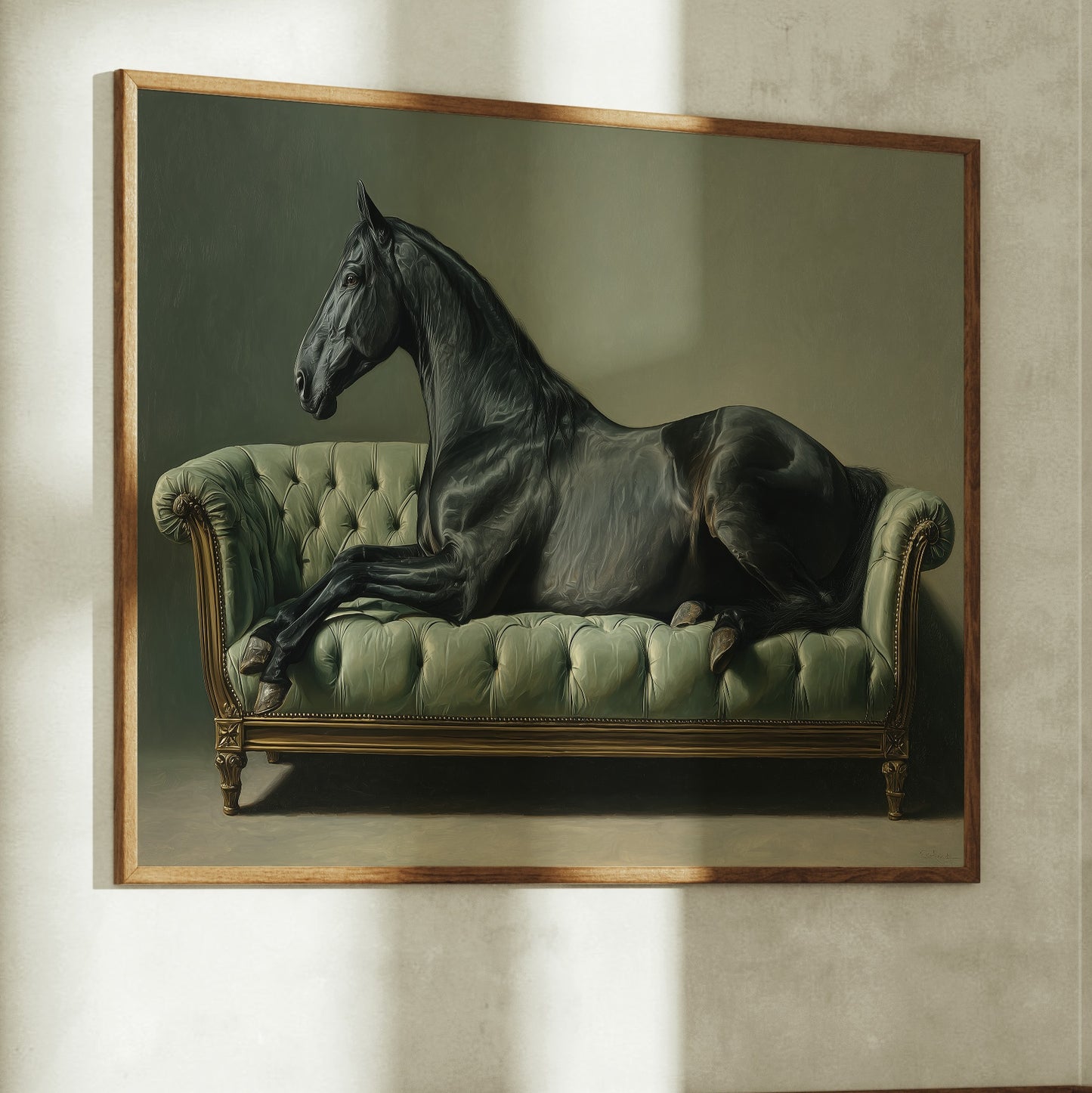 Aristocratic Repose: Ebony Stallion on a Mint Couch