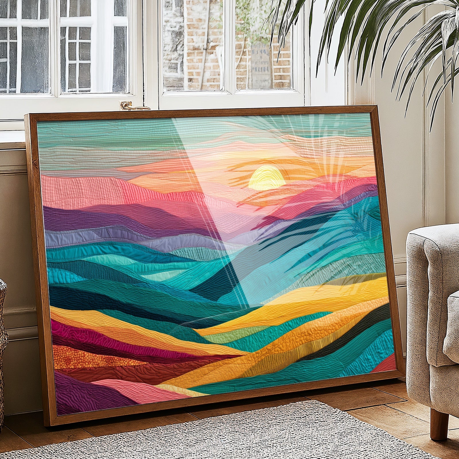Textile Horizons: Sunset Through Stitched Valleys