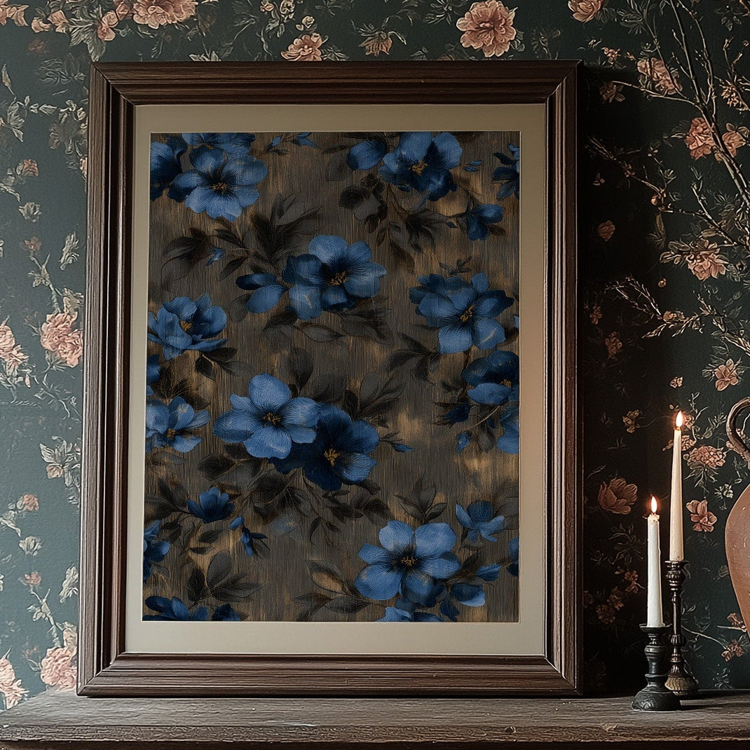 Midnight Blooms Against Golden Wood