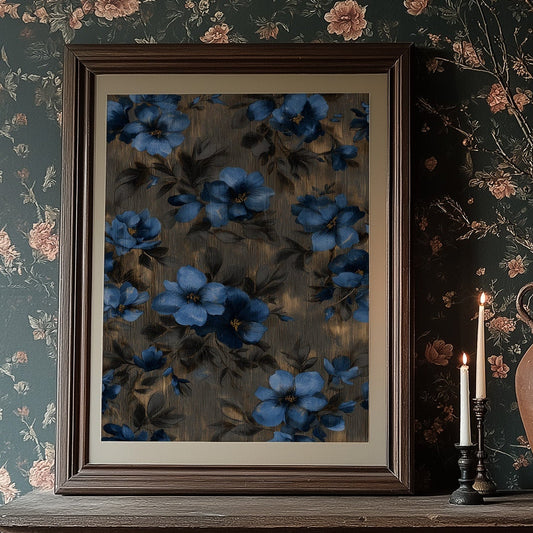 Midnight Blooms Against Golden Wood