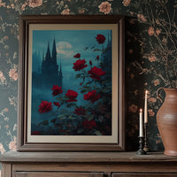 Crimson Blooms Against Ancient Spires