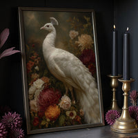 White Peacock Among Blooming Peonies
