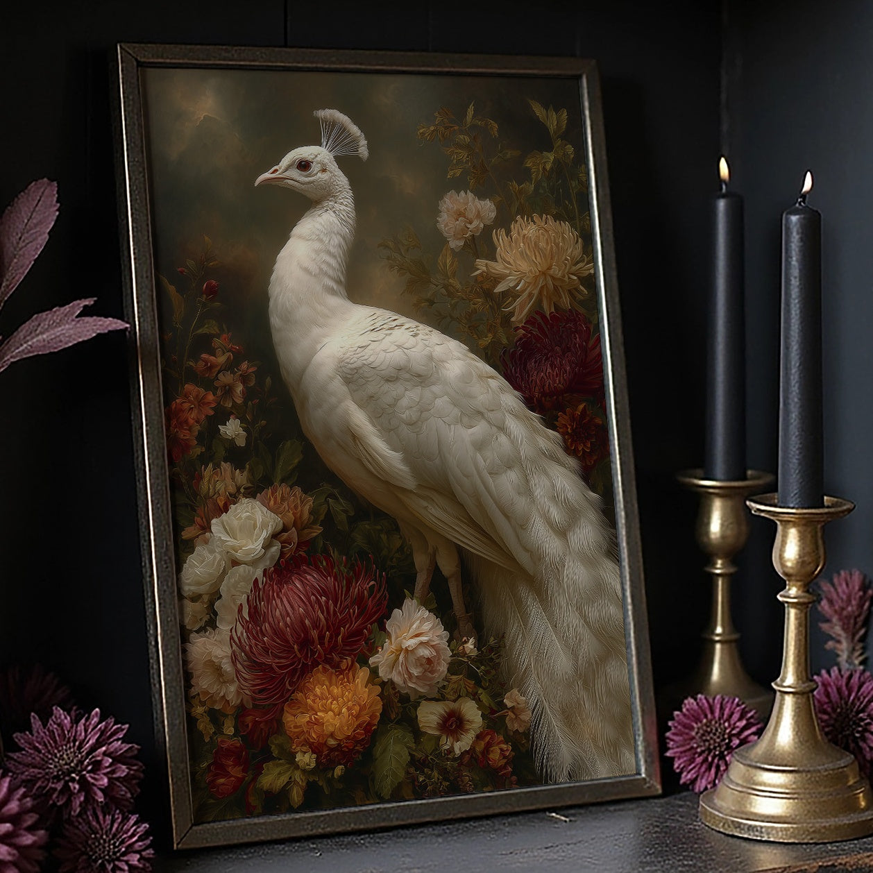 White Peacock Among Blooming Peonies
