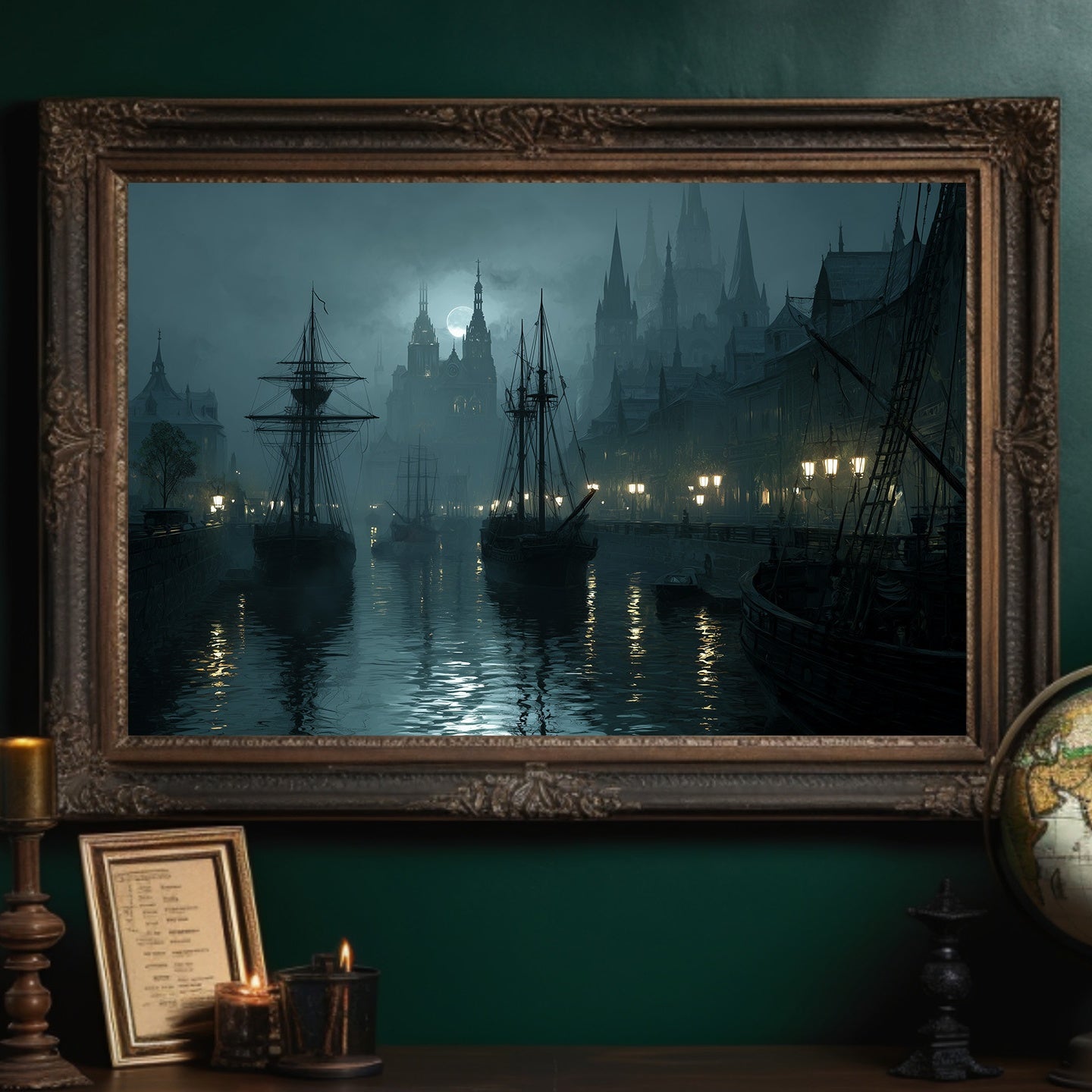 Harbor Lights Beyond Foggy Spires