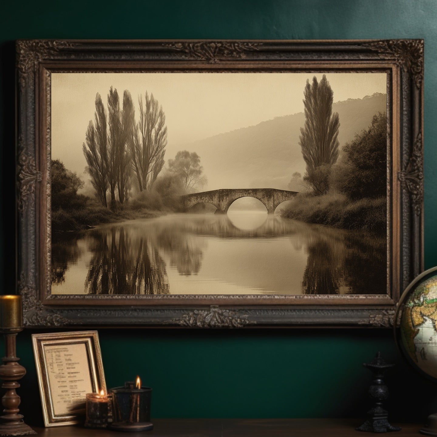 Foggy Bridge Among Tall Poplars