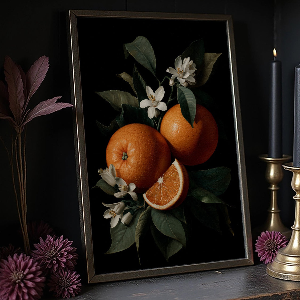 Citrus Blooms Against Midnight Velvet