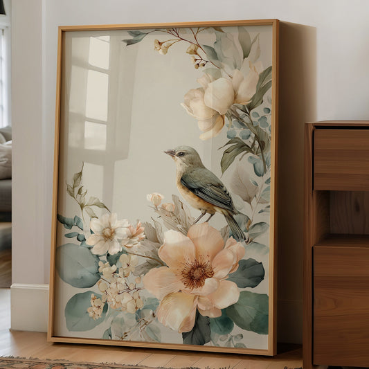 Songbird Perched Among Delicate Blooms