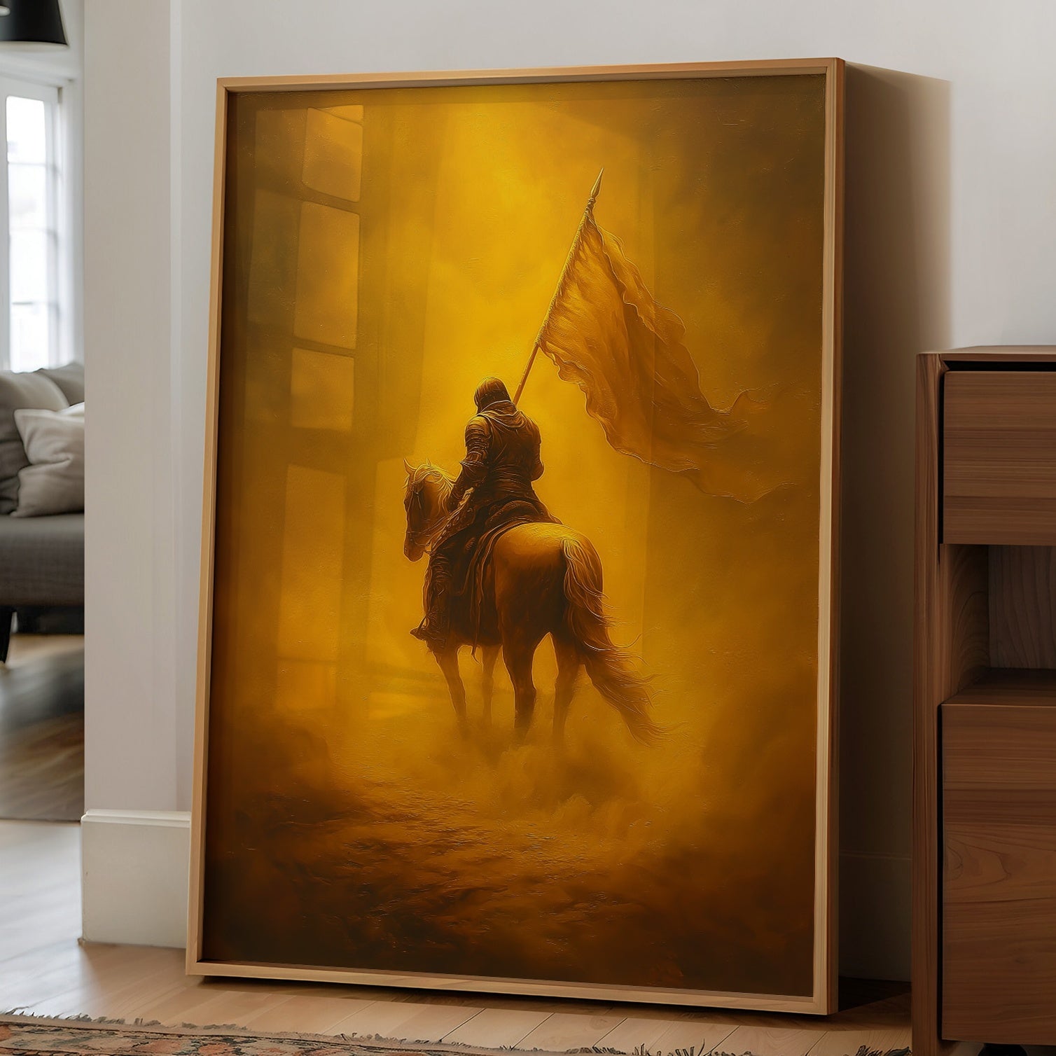 Golden Vanguard Through Amber Mist