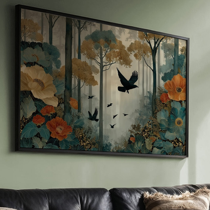 Ravens Soar Through Floral Forest