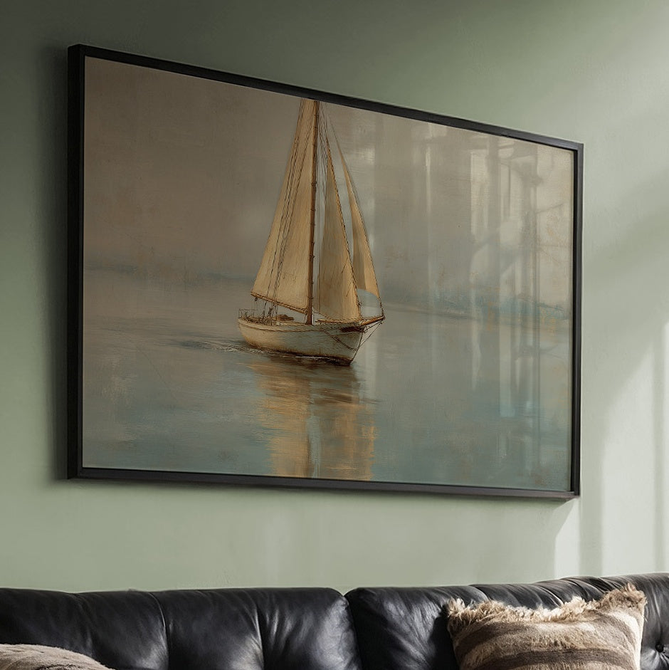 Sailboat Drifts Through Morning Mist