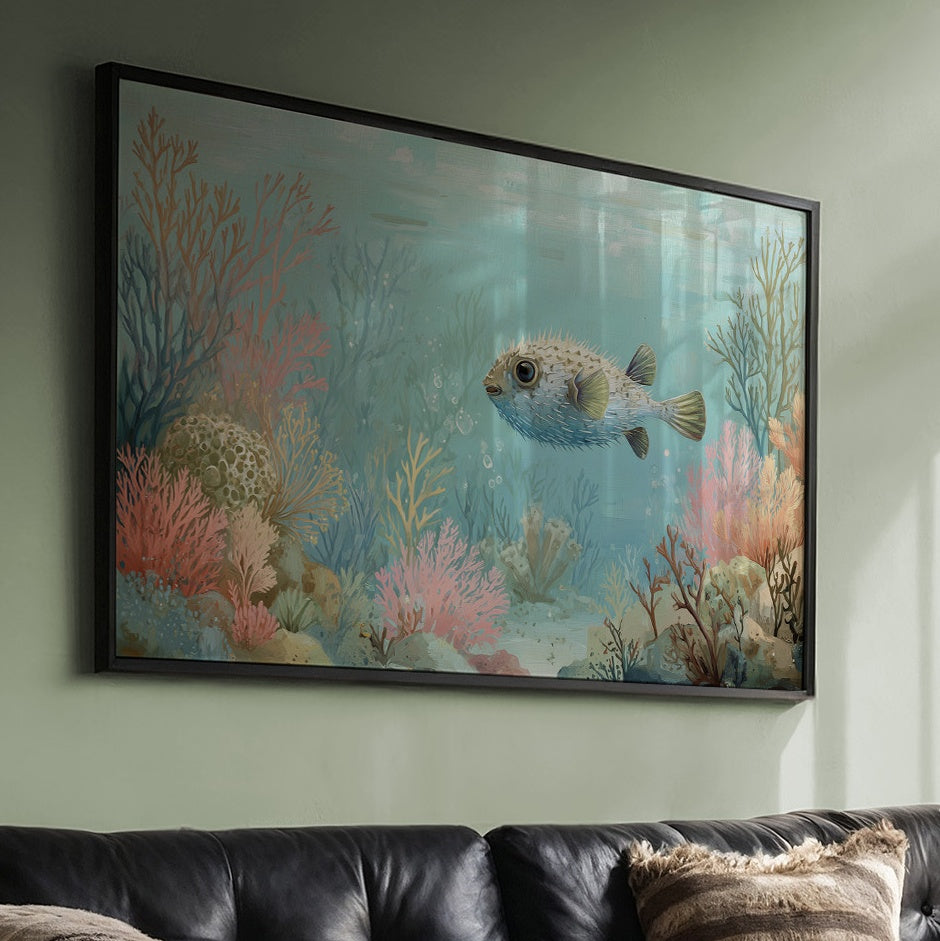 Pufferfish Drifts Through Coral Symphony