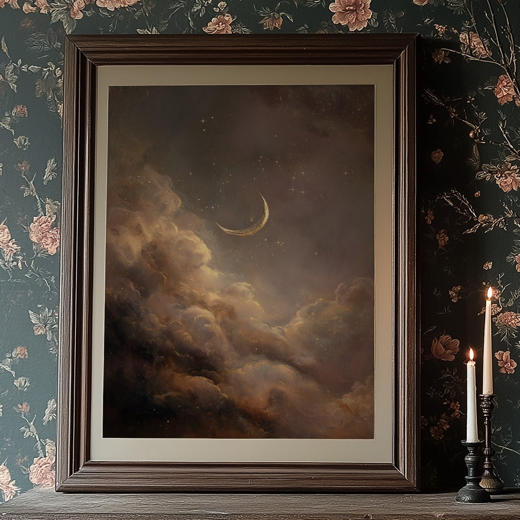 Crescent Floats Through Amber Clouds