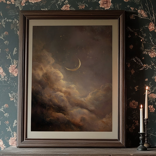 Crescent Floats Through Amber Clouds