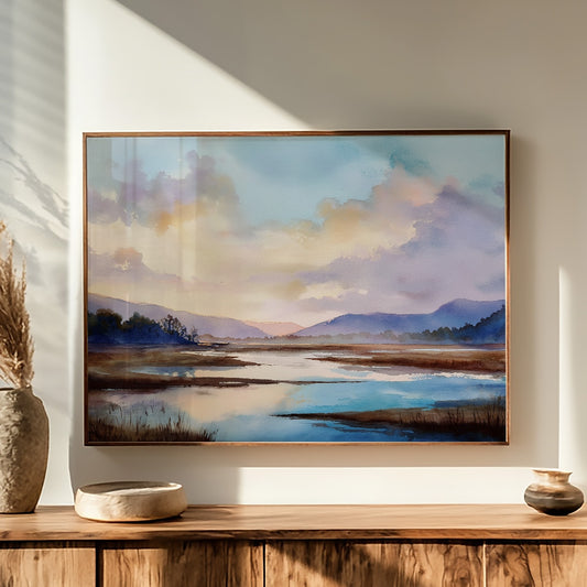 Lavender Lakes Between Distant Hills