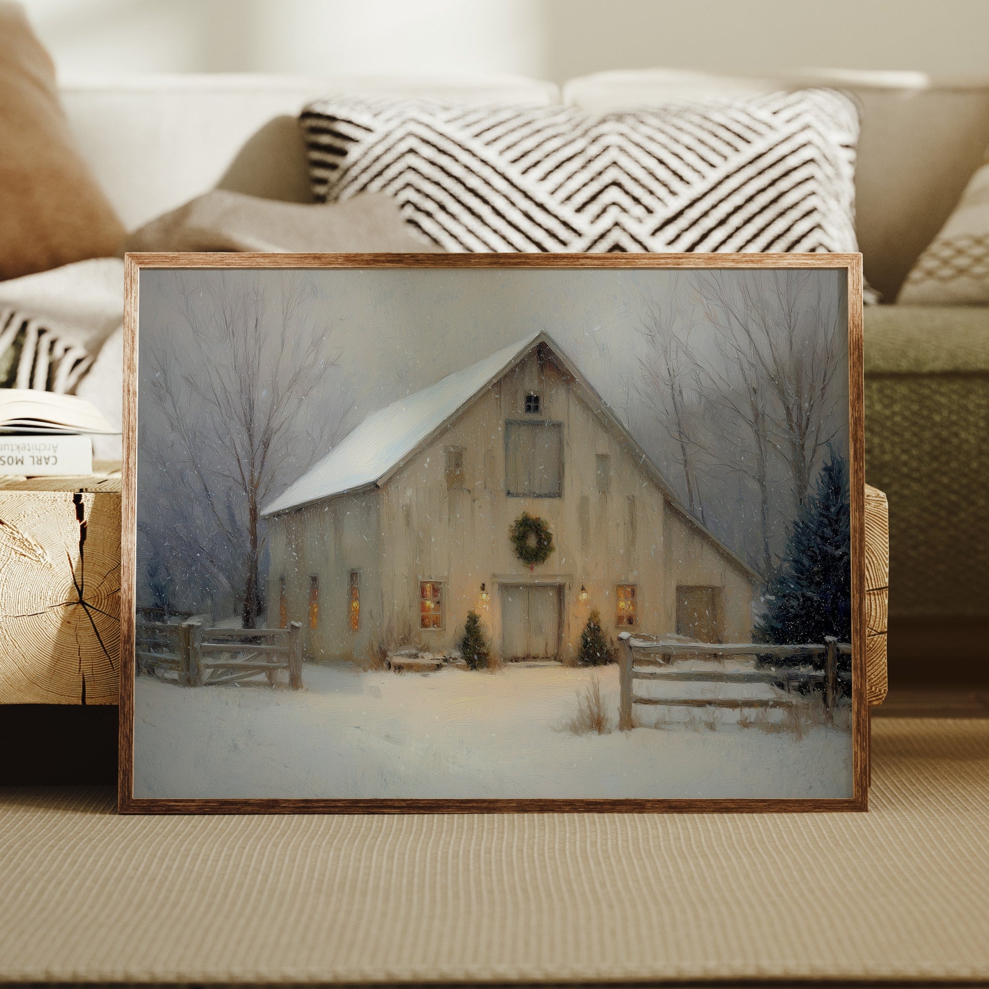 Snowfall Dreams Against Rustic Warmth