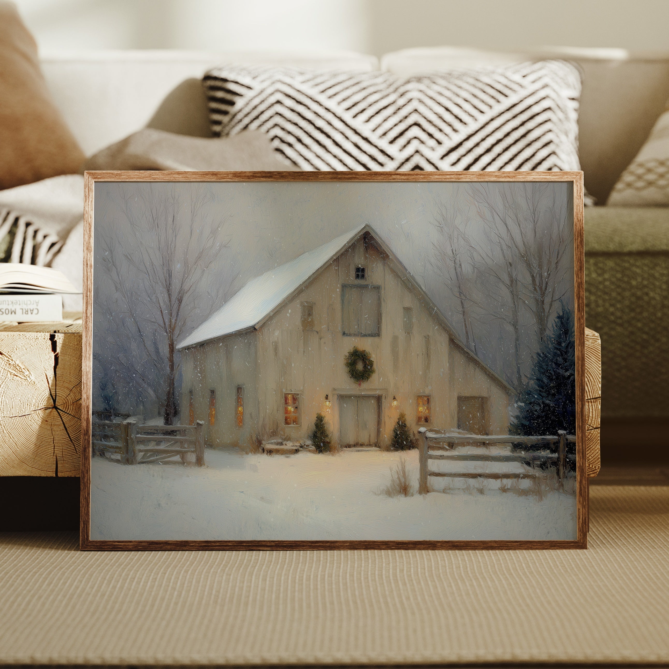 Snowfall Dreams Against Rustic Warmth