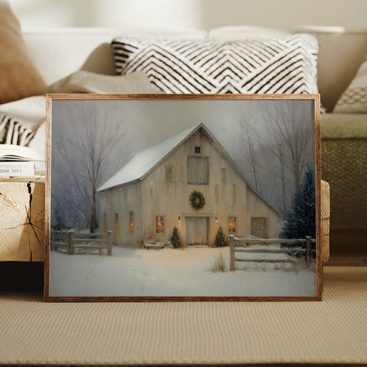 Snowfall Dreams Against Rustic Warmth
