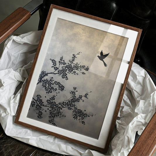 Bird Takes Flight Through Cherry Blooms