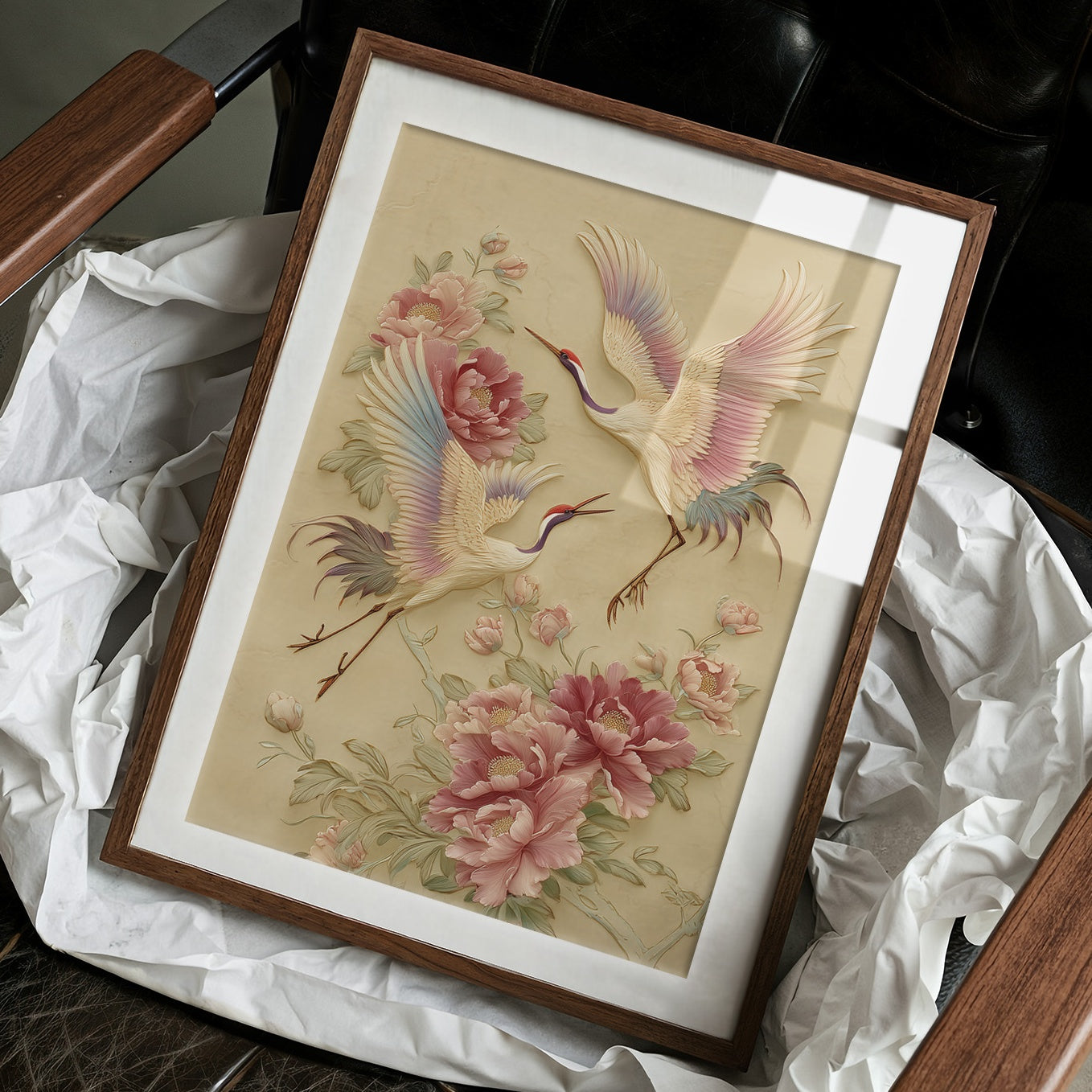 Graceful Cranes Among Peony Blooms