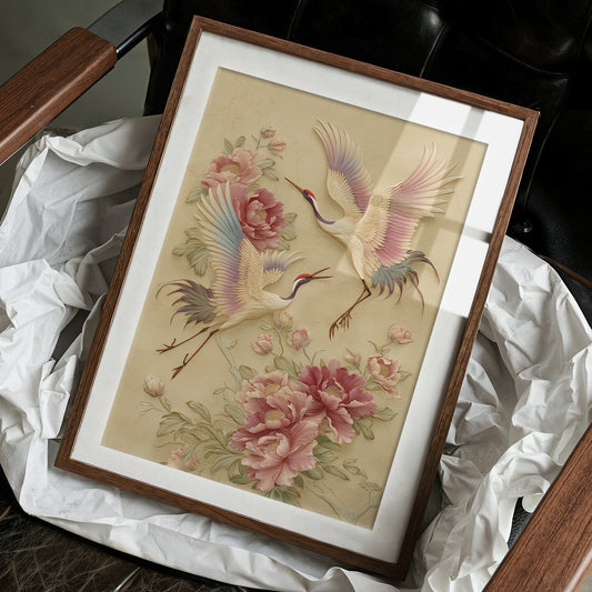 Graceful Cranes Among Peony Blooms
