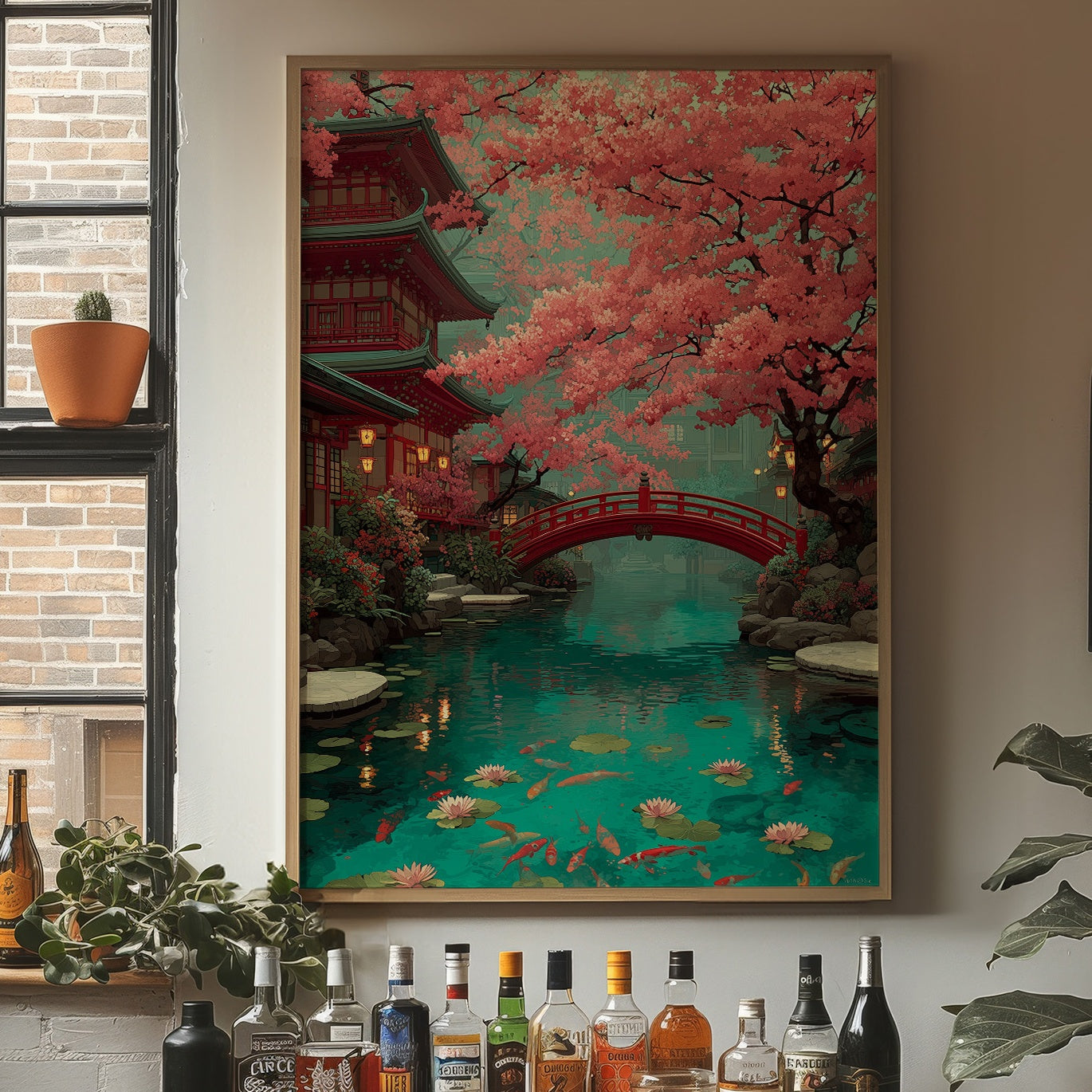Cherry Blossoms Dance Above Koi Pond