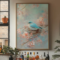 Blue Bird Rests Among Cherry Blossoms