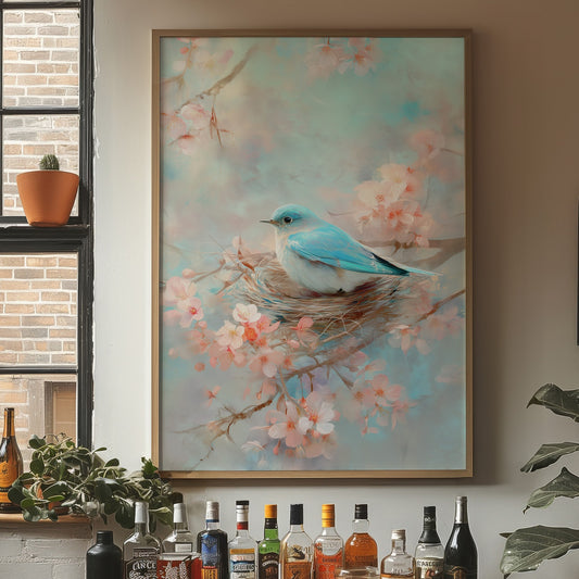 Blue Bird Rests Among Cherry Blossoms